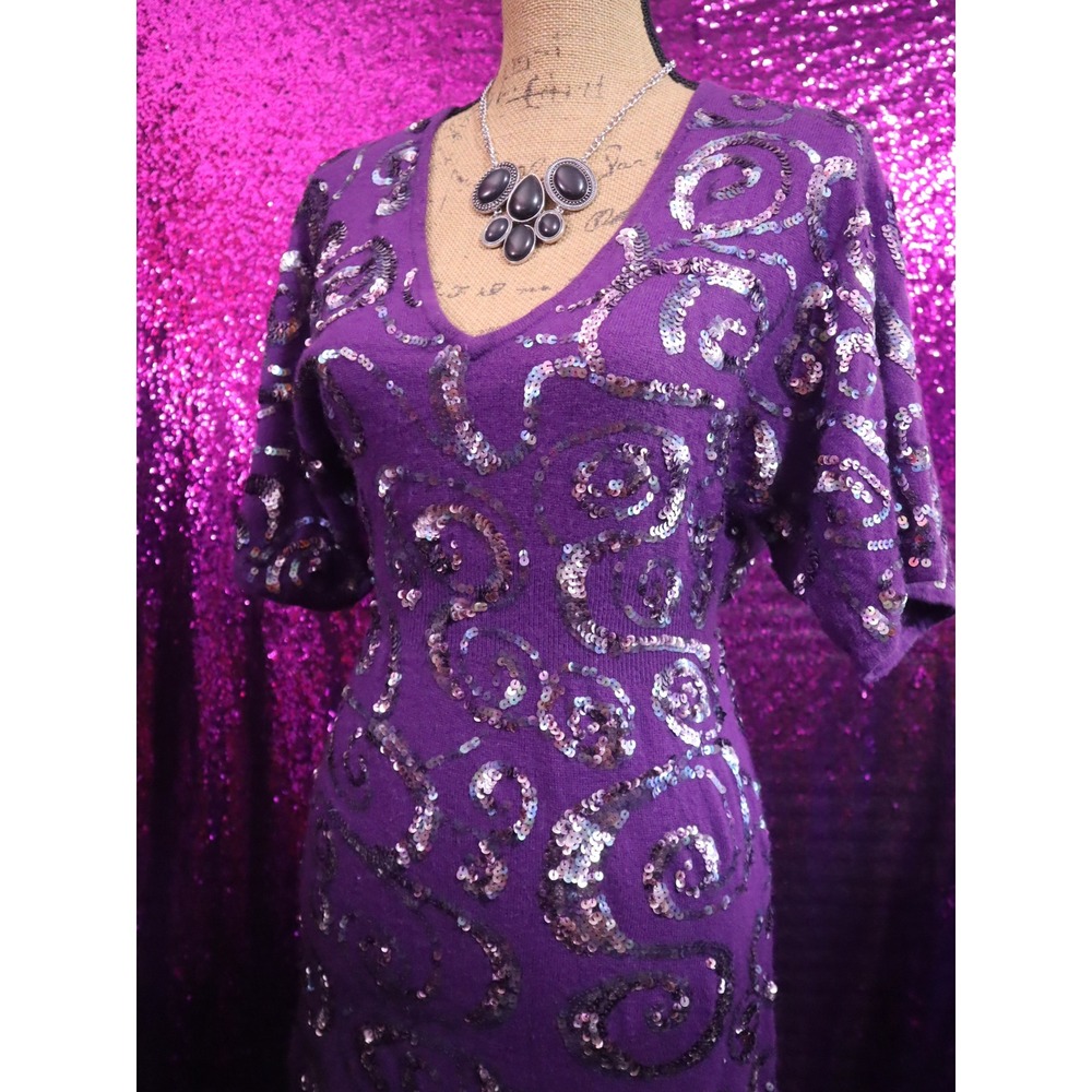 Purple Sequin Knit Dress XS Nanette Lepore Womens Wool Cashmere V-Neck Swirl